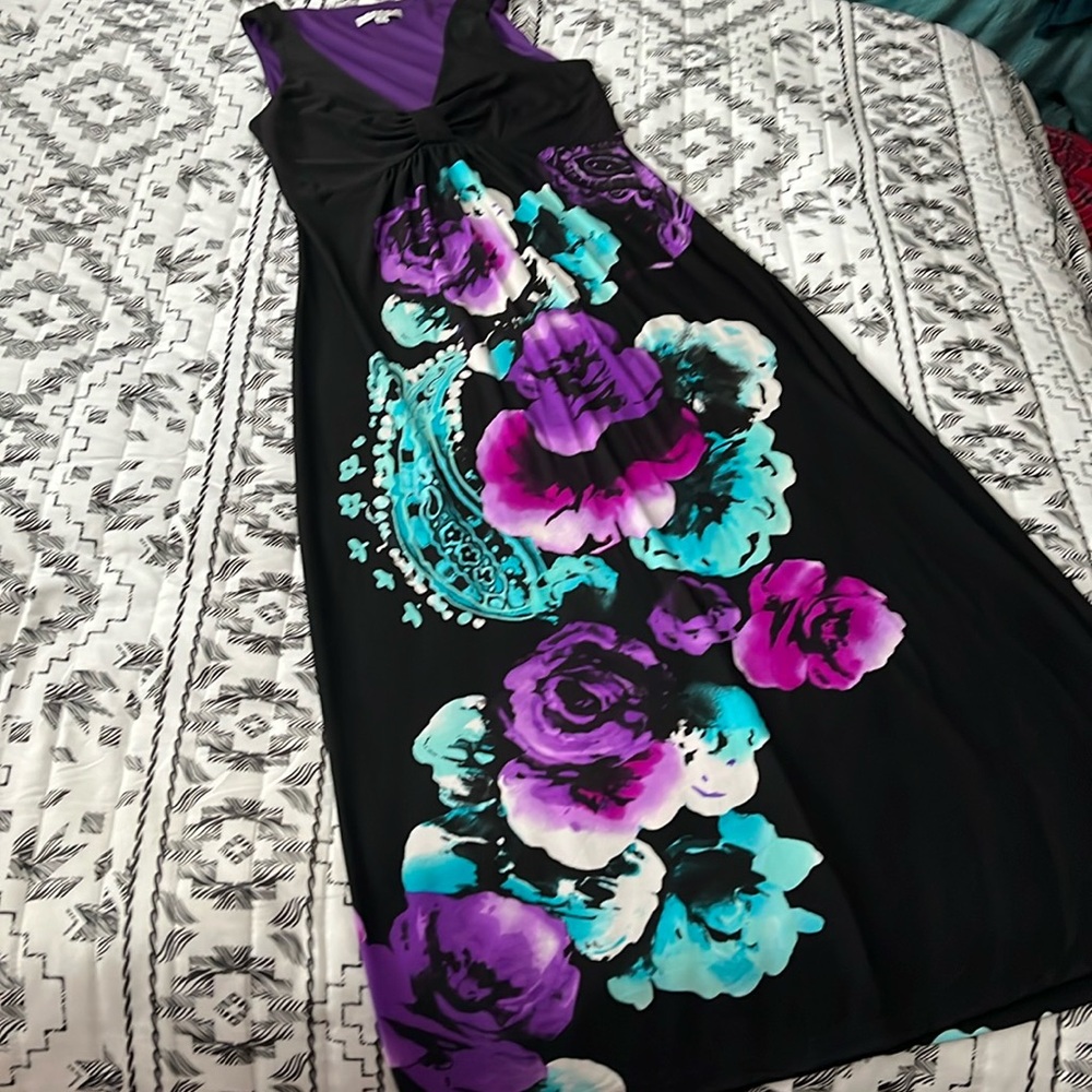 Sandra Darren Black Maxi Dress with Purple and Teal Floral Print
